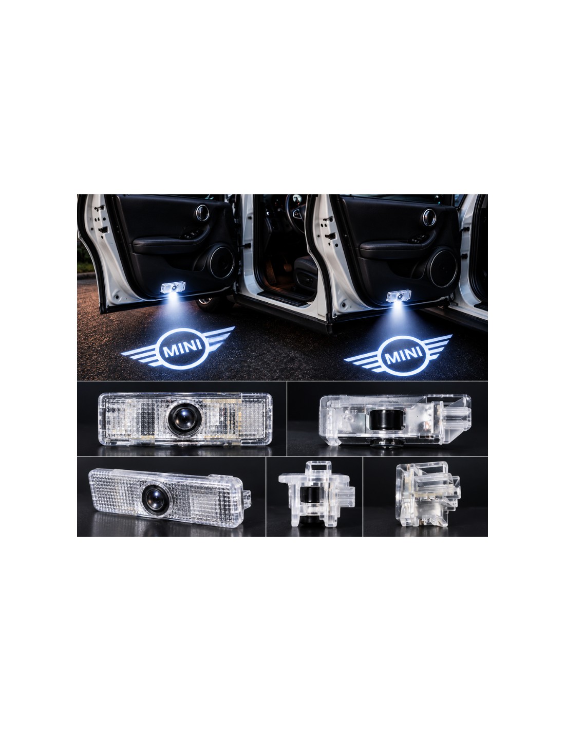 MINI Cooper wired LED door logo lights - product and projection