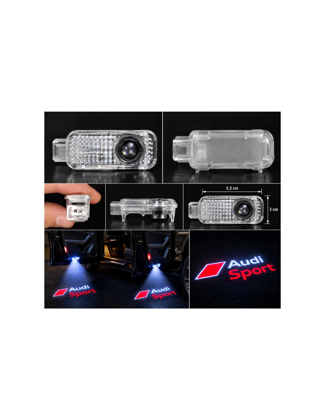 Audi Sport wired LED door logo lights - product and projection