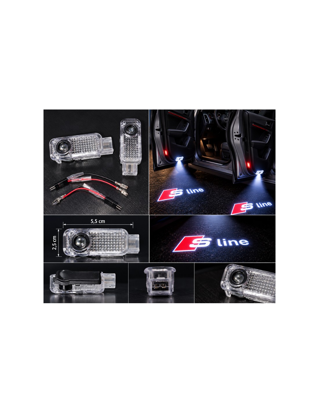 Audi S line wired LED door logo lights - product and projection