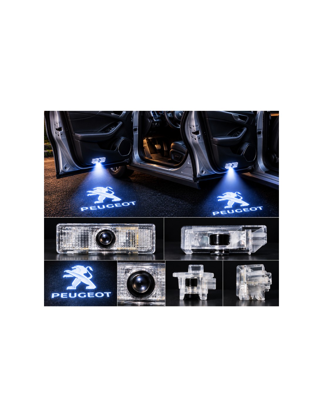 Peugeot wired LED door logo lights - product and projection