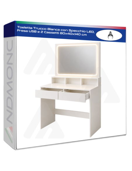 Toeletta trucco bianca 660028 con specchio LED integrato e due cassetti