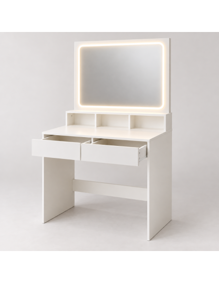 Toeletta Trucco Bianca con Specchio LED, Presa USB e 2 Cassetti 80x40x140 cm