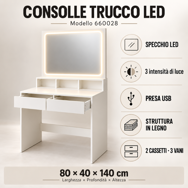 Toeletta Trucco Bianca con Specchio LED, Presa...
