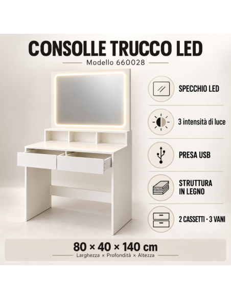 Toeletta Trucco Bianca con Specchio LED, Presa USB e 2 Cassetti 80x40x140 cm