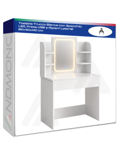 Toeletta Trucco Bianca con Specchio LED, Presa USB e...