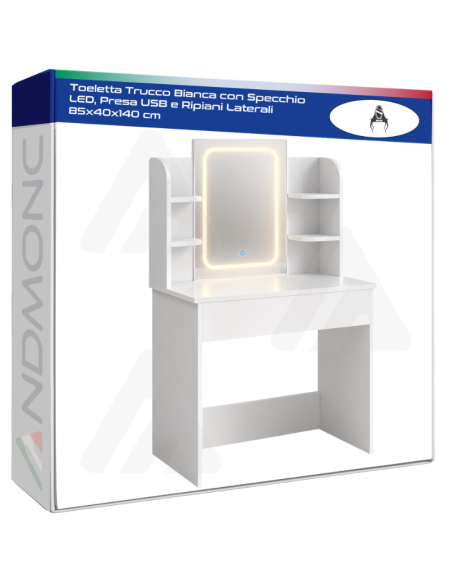 Toeletta trucco bianca 660035 da 85 cm con specchio LED e ripiani laterali