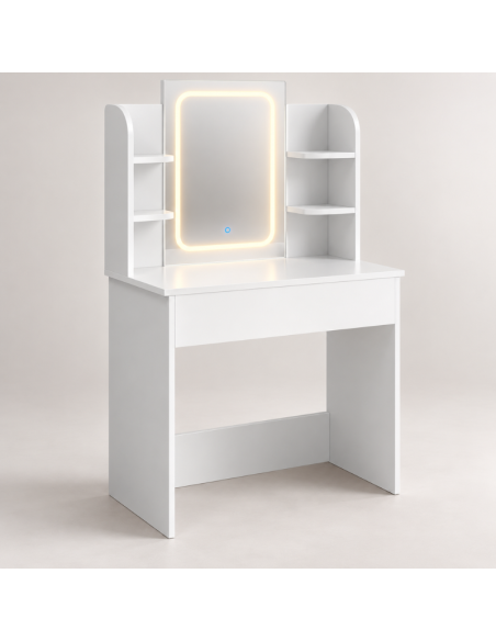 Toeletta Trucco Bianca con Specchio LED, Presa USB e Ripiani Laterali 85x40x140 cm