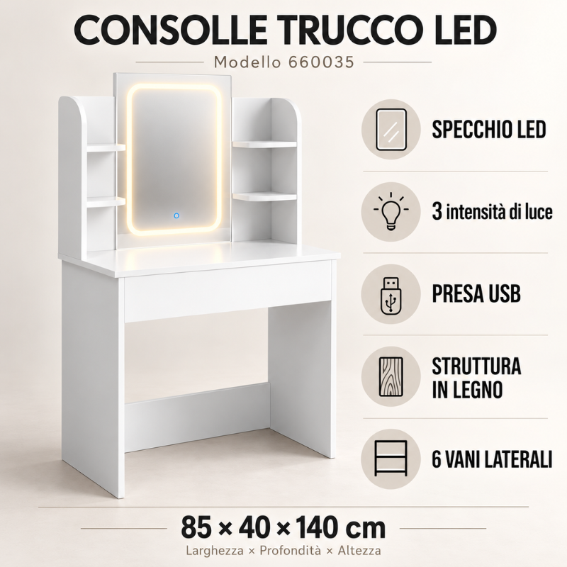 Toeletta Trucco Bianca con Specchio LED, Presa...