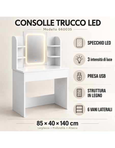 Toeletta Trucco Bianca con Specchio LED, Presa USB e Ripiani Laterali 85x40x140 cm