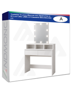 Toeletta Trucco Bianca con Specchio a 10 Luci LED, USB e...