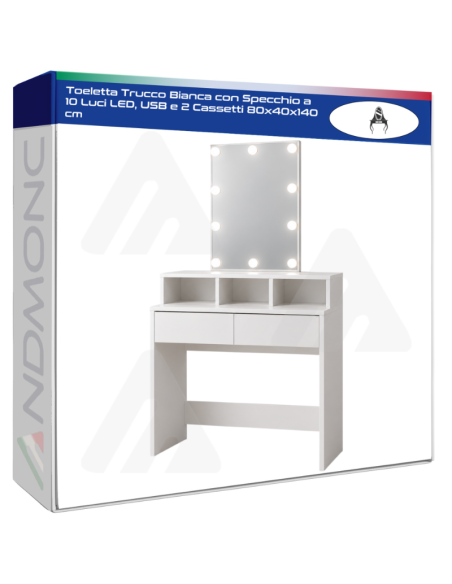 Toeletta trucco bianca 660042 con specchio a 10 lampadine LED e due cassetti