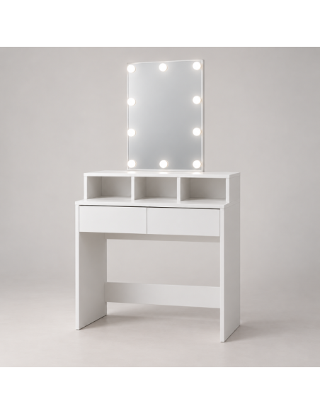 Toeletta Trucco Bianca con Specchio a 10 Luci LED, USB e 2 Cassetti 80x40x140 cm