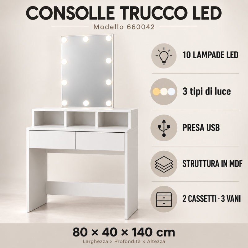 Toeletta Trucco Bianca con Specchio a 10 Luci...