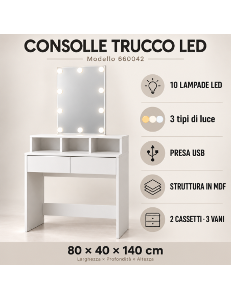 Toeletta Trucco Bianca con Specchio a 10 Luci LED, USB e 2 Cassetti 80x40x140 cm