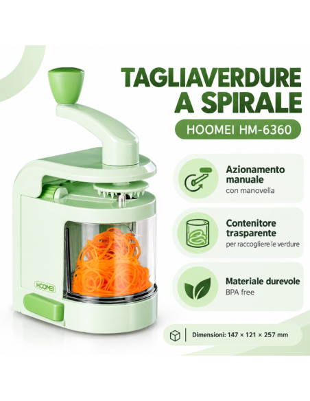 Tagliaverdure a Spirale Manuale Hoomei HM-6360 con Contenitore Trasparente