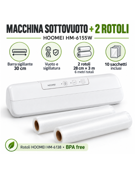 Macchina Sottovuoto Hoomei HM-6155W + 2 Rotoli 28 cm × 3 m e 10 Sacchetti
