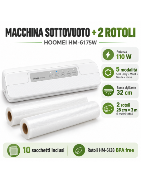 Macchina Sottovuoto Hoomei HM-6175W 110W + 2 Rotoli 28 cm × 3 m e 10 Sacchetti