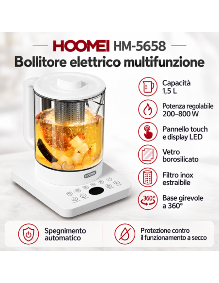 Bollitore Elettrico in Vetro HOOMEI HM-5658 1,5 L 800 W con Filtro Inox e Comandi Touch