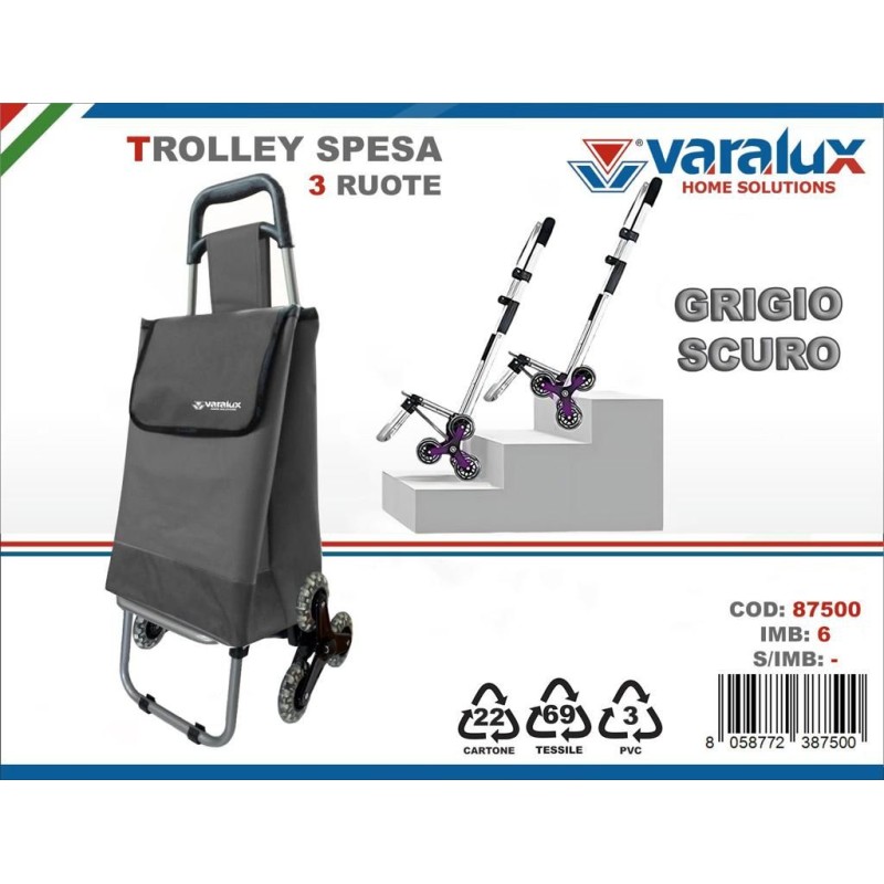 Trolley Spesa 3 Ruote Grigio