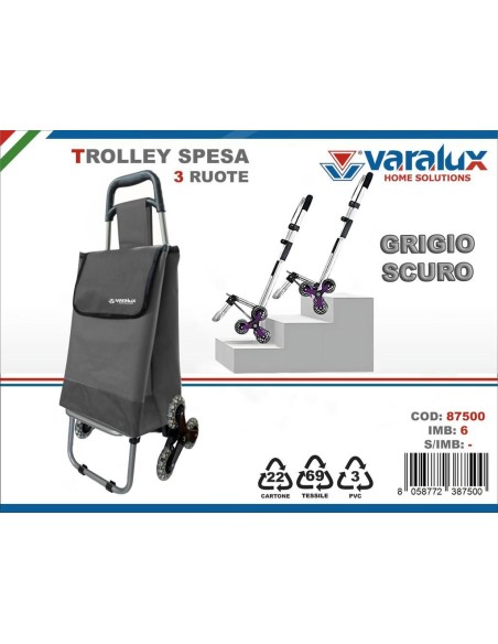 Trolley Spesa 3 Ruote Grigio