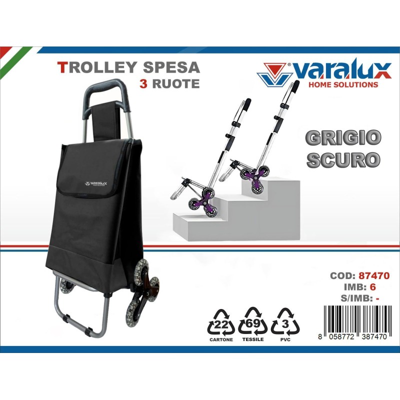 Trolley Spesa 3 Ruote Grigio Scuro
