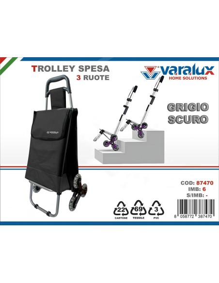 Trolley Spesa 3 Ruote Grigio Scuro