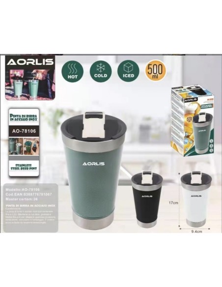 Tazza Termica In Acciaio Da Birra Da 500ML Con Coperchio E Cava Tappi