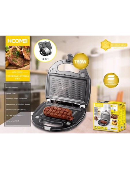 Piastra Elettrica Tostapane Toast Sandwich Waffle Tostiera 3 IN 1 800W HM-5860