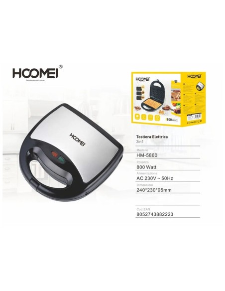Piastra Elettrica Tostapane Toast Sandwich Waffle Tostiera 3 IN 1 800W HM-5860