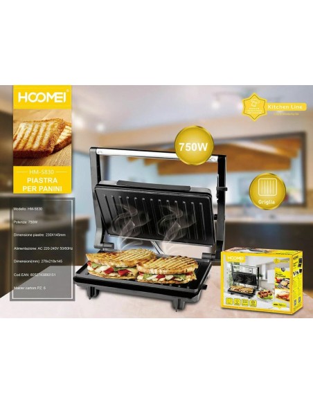 Piastra Elettrica Pane Panini Sandwich Toast Tostiera Tostapane Pizza HM-5830