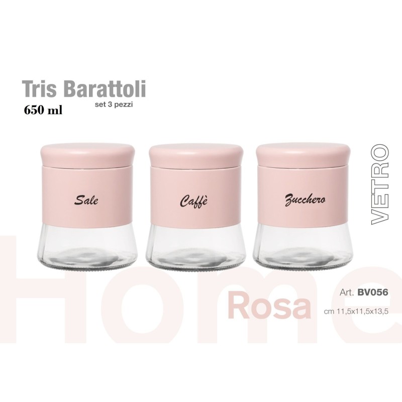 Tris Barattoli in Vetro Rosa caffè,zucchero,sale