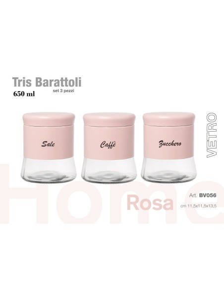 Tris Barattoli in Vetro Rosa caffè,zucchero,sale