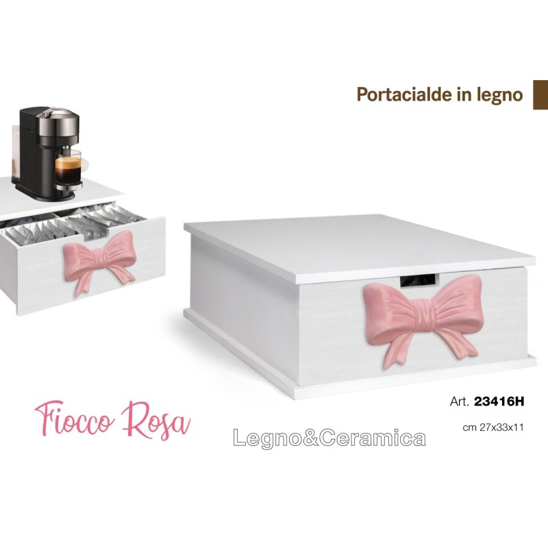 Portacialde in legno fiocco Rosa in ceramica e...