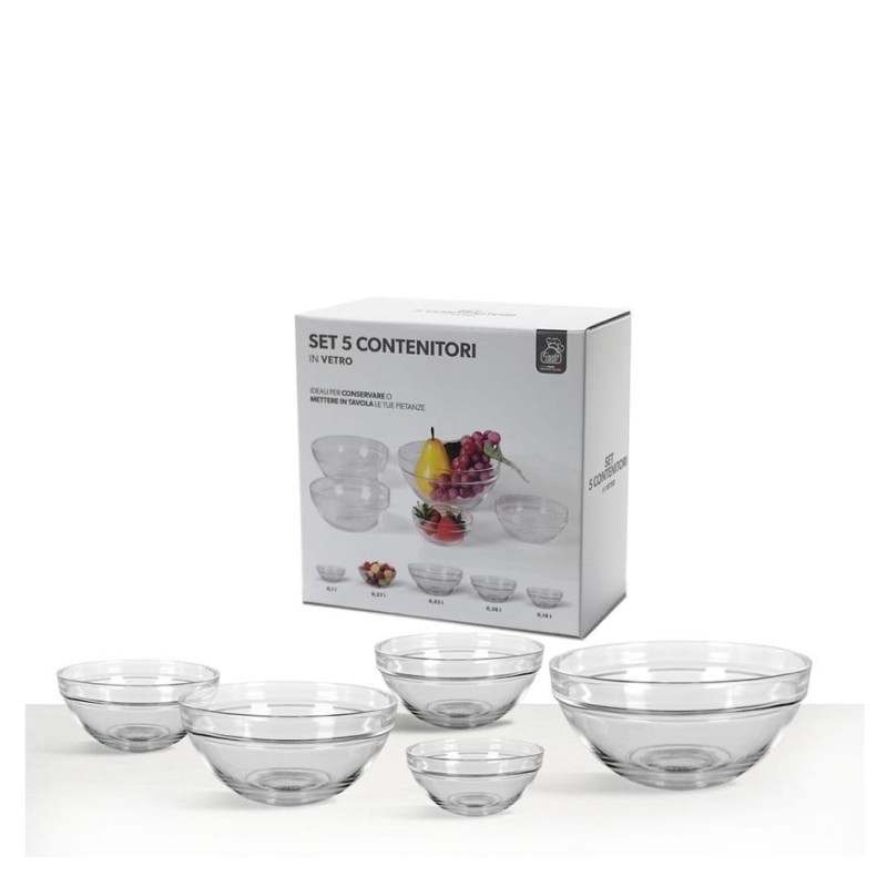 Set da 5 contenitori ciotole in vetro tondi