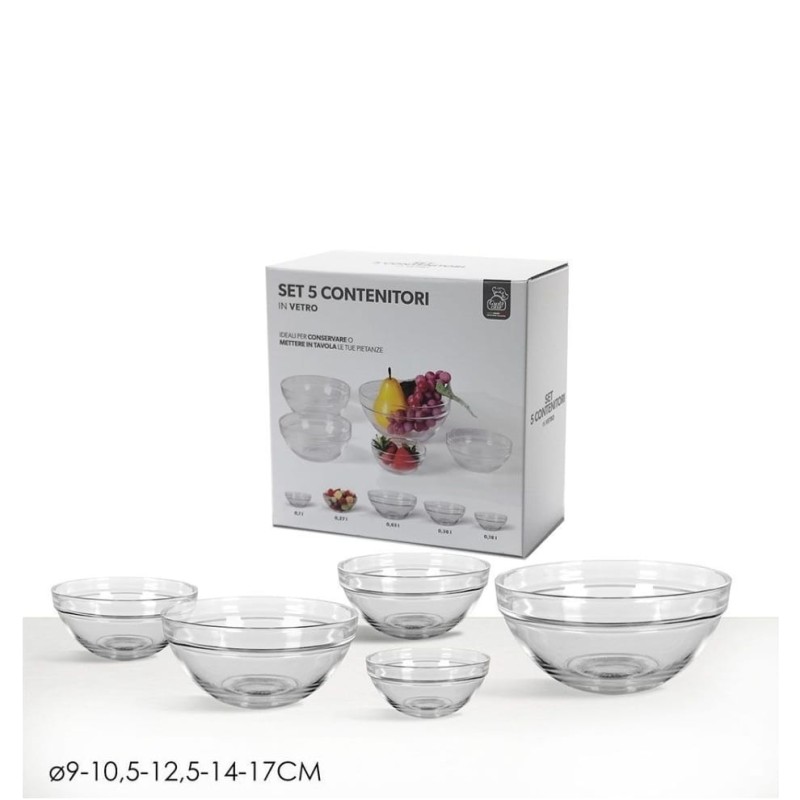 Set da 5 contenitori ciotole in vetro tondi