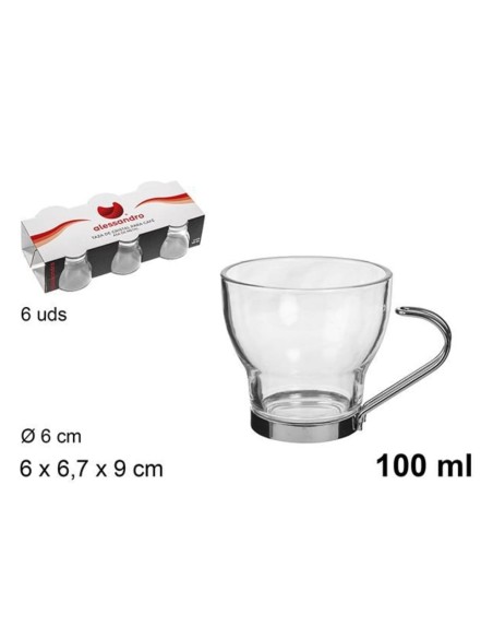 6pz. tazzine caffè in vetro con Manico in metallo 100ML