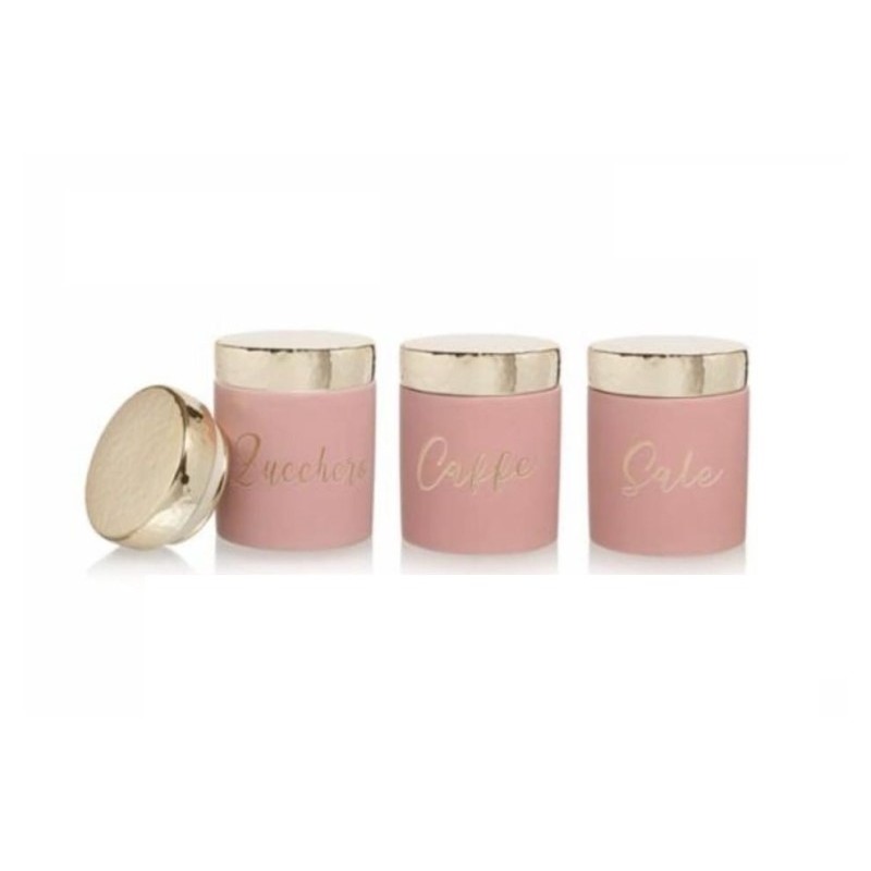 Tris barattoli rosa zucchero, caffè, sale