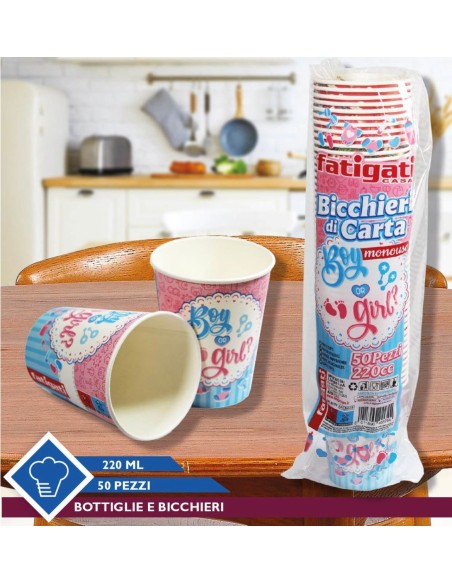 50 pezzi bicchieri 220ml baby shower boy o girl plastica