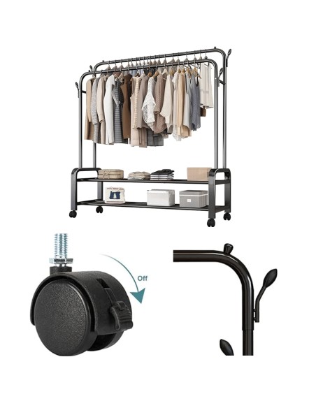 Attaccapanni Appendiabiti doppio in ferro duro con ruote bianco nero