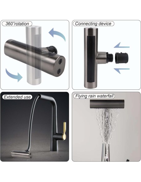 Rubinetto da cucina a cascata 4 in 1, girevole a 360°, girevole a cascata, 4 funzioni