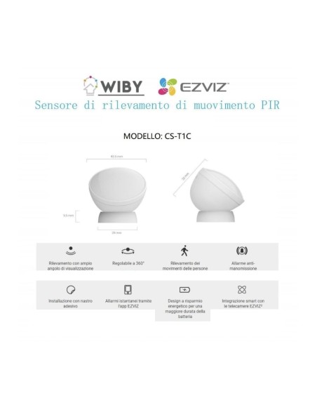 Ezviz T1C Sensore di Movimento Infrarosso da Parete per Centralina A3 Bianco
