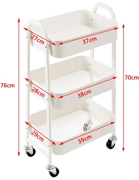 Carrello in metallo mensole 3 piani bianco con ruote