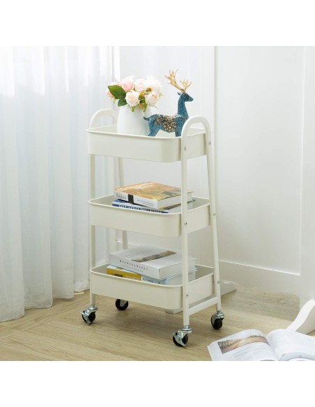Carrello in metallo mensole 3 piani bianco con ruote