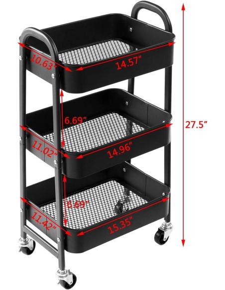 Carrello in metallo mensole 3 piani nero con ruote