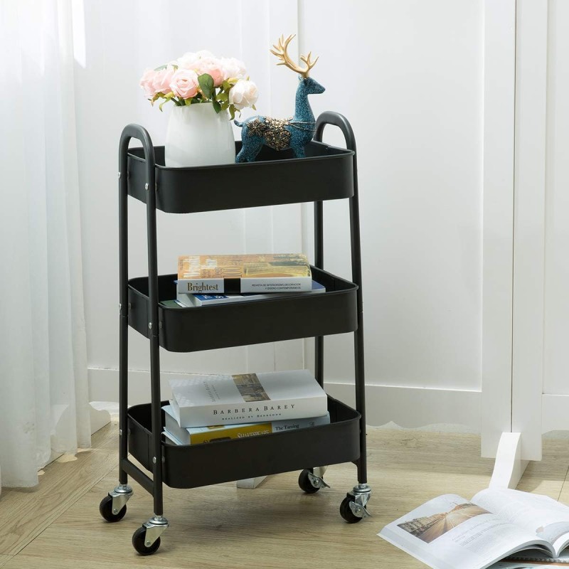 Carrello in metallo mensole 3 piani nero con ruote
