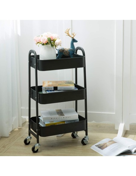 Carrello in metallo mensole 3 piani nero con ruote