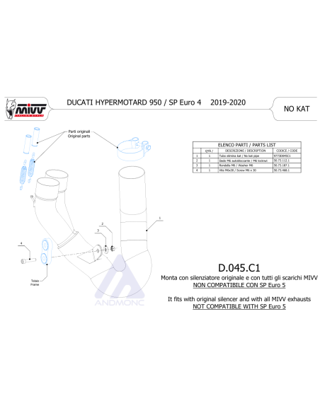 Tubo elimina KAT D.045.C1 Hypermotard 950 SP RVE 2019 2020