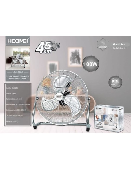 Ventilatore In Acciaio Da Terra Cromato 45cm 100 WATT 3 Pale Alluminio HM-8280