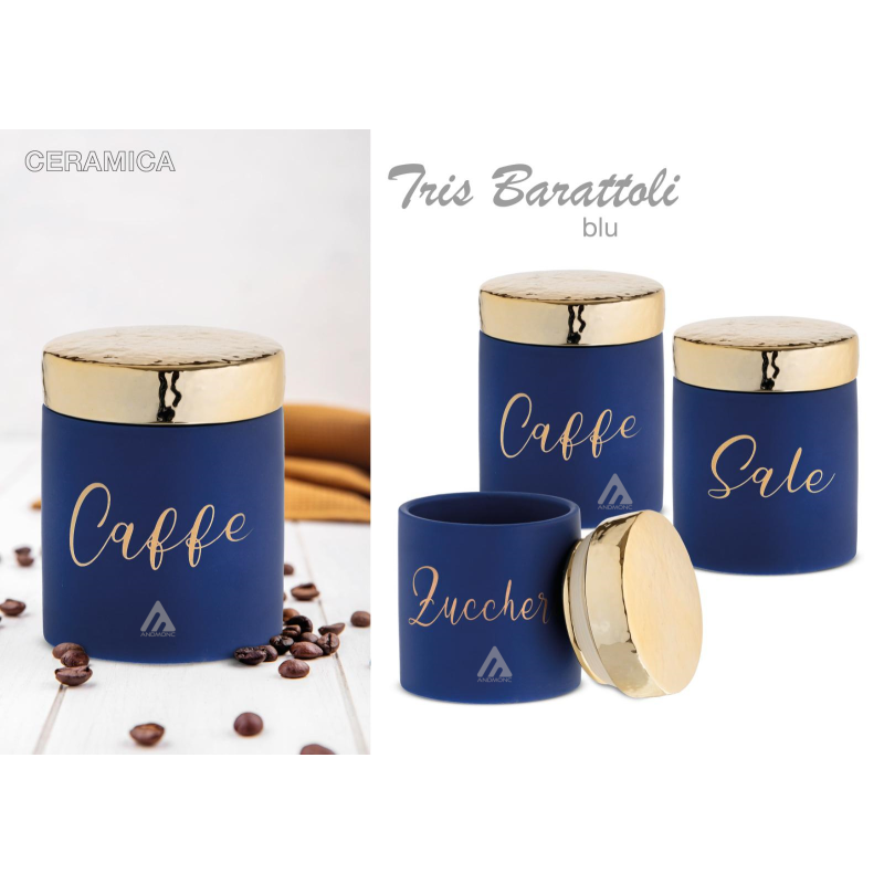 Tris barattoli blu zucchero, caffè, sale