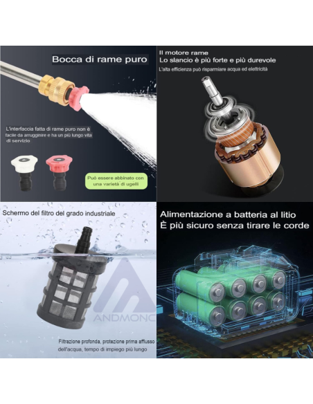 Idropulitrice 300W ad alta pressione,48V spruzzatore a batteria 10000mA-tubo 5m, senza fili 2x batterie
